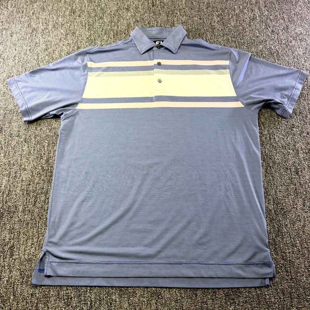 FootJoy FJ Polo Shirt Men L Blue White Stretch Golf Tennis Performance Side Slit